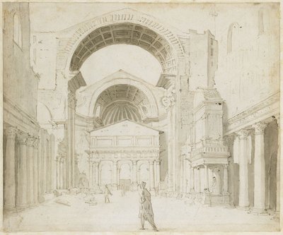 Indre udsigt over skibet i den gamle Peterskirke med udsigt til den nye bygning af Maarten van Heemskerck