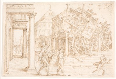 Samson ødelægger huset med filistrene af Maarten van Heemskerck