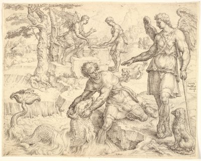 Tobias fanger fisken i floden Tigris af Maarten van Heemskerck