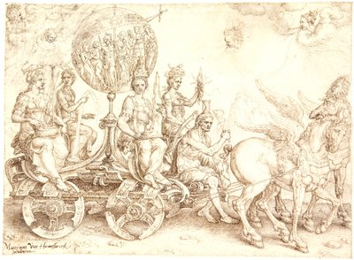 Triumfvogn. Mundus (Verden). (En allegori over de fire elementer) af Maarten van Heemskerck