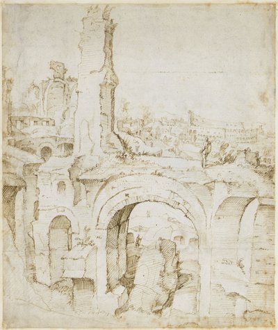 Udsigt fra Domus Severiana til Colosseum af Maarten van Heemskerck