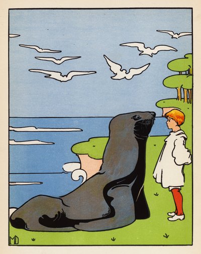 "Sød, stakkels søløve!" sagde han" (farvelitografi) af Mabel Dearmer