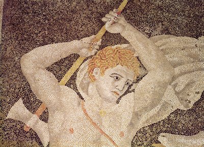 Jagten på hjorten, detalje af en jæger, fra mosaikken "House of the Abduction of Helen af Macedonian School