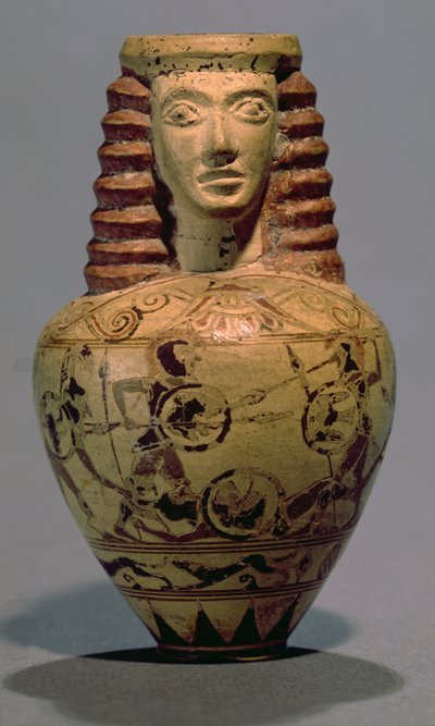 Proto-korintiske aryballos med et menneskehoved, dekoreret med en kampscene, ca. 640 f.Kr. (keramik) af Macmillan Painter