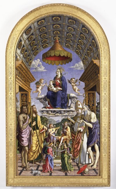 Madonna og barn i herlighed, musikerengle og helgener Johannes Døberen, James, Ugo og Hieronymus, 1498 af Macrino dAlba