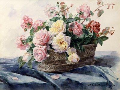 Kurv med roser. Maleri af Madeleine Jeanne Lemaire (1845-1928) Privat samling. af Madeleine Lemaire