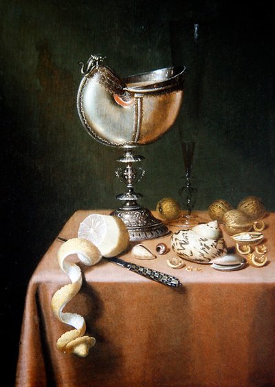 Et stilleben med en Nautilus-kop, en skrællet citron og valnødder (olie på panel) af Maerten Boelema de Stomme
