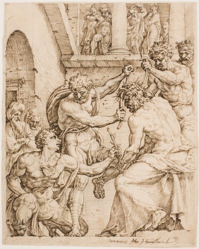 Kristus bliver kronet med torne, ca. 1548 (Pen, brunt blæk og sort kridt på buff-papir) af Maerten van Heemskerck