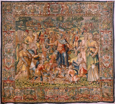 Stiftsmuseum (Stiftsmuseet). flamsk gobelin. Bruxelles. François Geubels værksted. Serien Historien om Gideon. Israelitterne giver deres del af byttet til Gideon. Silke og uld. Legat af Bisho af Maerten van Heemskerck