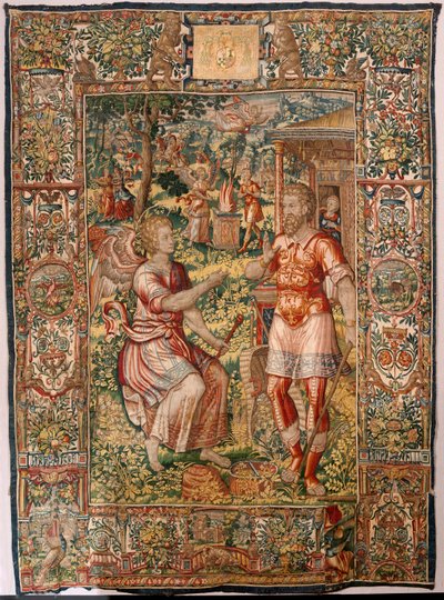Stiftsmuseum (Museo Diocesano). flamsk gobelin. Bruxelles. Atelier François Geubels. Serien Story of Gideon. Gideon og englen (Gedeón y el ángel). Silke og uld. Legat fra biskop Vicente Roca de la Serna. Barok. 1534-1571, i domkirken siden af Maerten van Heemskerck