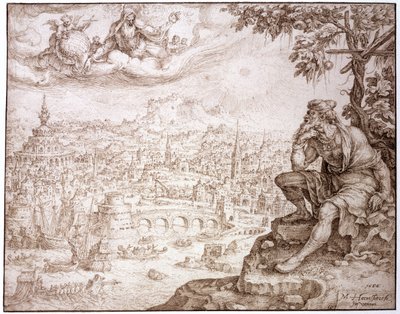 Jonah, Sidder under græskar, overvejer byen Nineve, 1566 (pen og brunt blæk indskåret med en penne på papir) af Maerten van Heemskerck