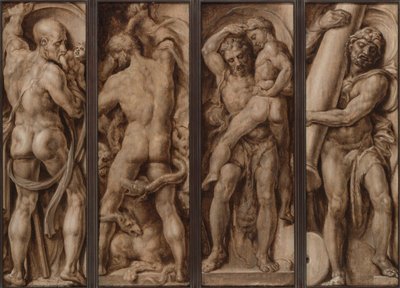 Saturn fortærer et barn; Hercules Slaying the Hydra; Hercules Lifting Antaeus; Hercules rejser søjlerne i Calpe og Abyla af Maerten van Heemskerck