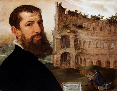 Selvportræt af maleren med Colosseum i baggrunden, 1553 af Maerten van Heemskerck