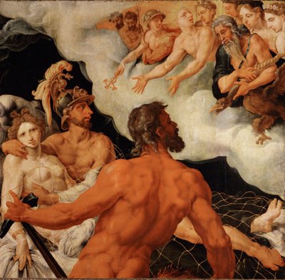 Vulcan fangede Venus og Mars i et net og viser dem til de grinende guder (maleri på egetræ) af Maerten van Heemskerck