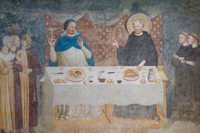 The Miracle of St Guido: Den velsignede abbed forvandler vand til vin før Gebeardo, ærkebiskoppen af Ravenna, refektorium (fresko) af Maestro di Tolentino (attr.to)