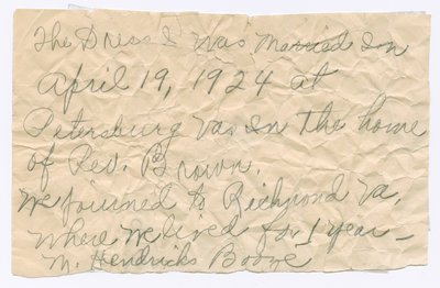 Håndskrevet note fra Magdalene Hendricks Boozé, midten af det 20. århundrede. af Magdalene Hendricks Boozé