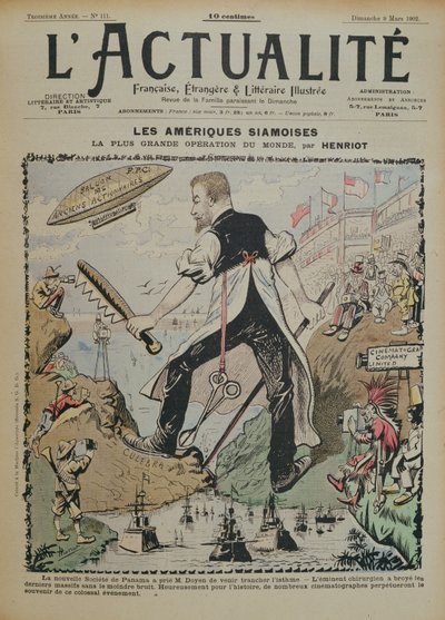 Karikatur om konstruktionen af Panamakanalen og mediedækningen omkring den, forside af magasinet LActualite, 9. marts 1902 af Henri Maigrot