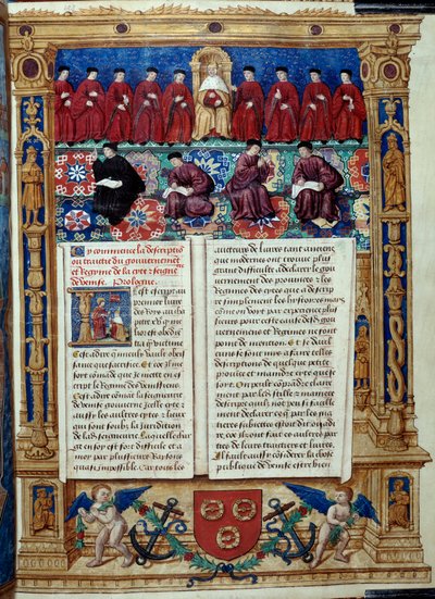 Council of Ten The Doge er i centrum. Side taget fra en beskrivelse eller aftaler med regeringen og regimet i byen og herredømmet i Venedig realiseret af admiral Louis Malet de Graville, belyst af mesteren af Philip de Geldre (1500-tallet) af Maitre de Philippe de Gueldre