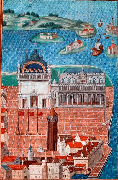 Udsigt over Markuspladsen med Dogepaladset i Venedig”” Miniature taget fra “” Beskrivelse eller omhandler regeringen og regimet i byen og herredømmet i Venedig””” af Mesteren af Philip de Geldre (1467-1547) Chantilly , Musee Conde af Maitre de Philippe de Gueldre