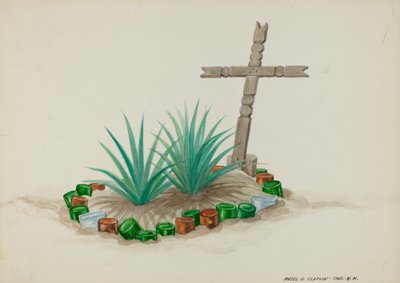 Barnegrav med trækors - flaskedekorationer, ca. 1937. af Majel G. Claflin