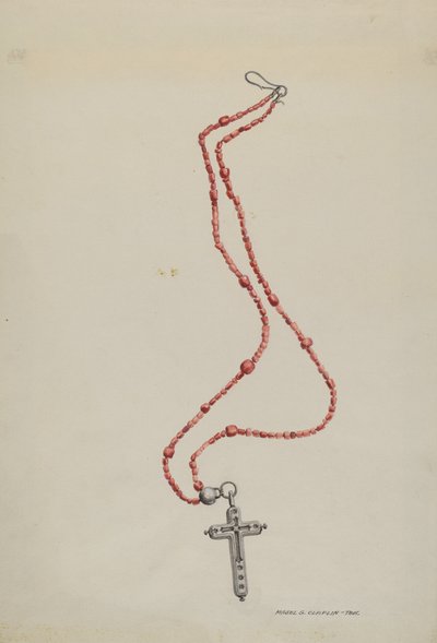 Koralperler og krucifiks, ca. 1937. af Majel G. Claflin