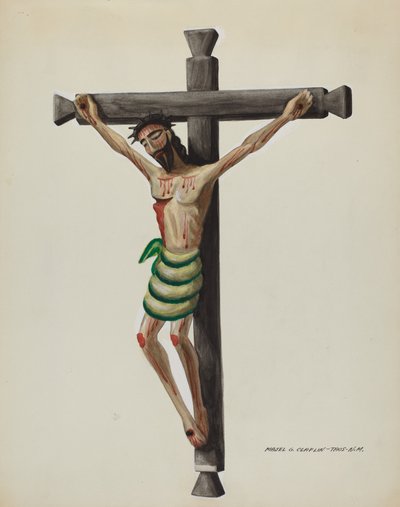 Cristo, udskåret og malet, på sort udskåret trækors, ca. 1937. af Majel G. Claflin