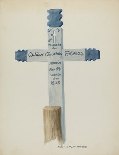 Håndlavet og malet trækors - Gravsten, ca. 1937. af Majel G. Claflin