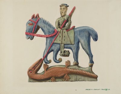 Saint George & the Dragon, skåret ud af plankesnit - malet, ca. 1938. af Majel G. Claflin
