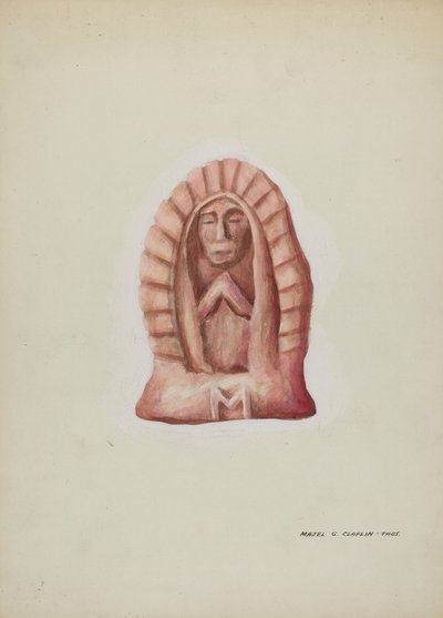 Lille statue af Guadalupe skåret i sten, ca. 1937. af Majel G. Claflin