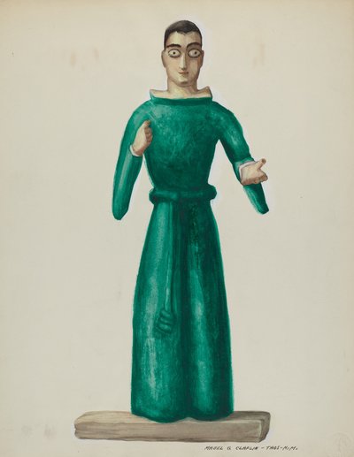 Santo af træ i lysegrøn kjole, 19351942. af Majel G. Claflin