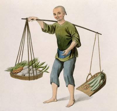 En dreng med grønsager, plade 54 fra "The Costumes of China", graveret af J. Dadley, 1800 af Major George Henry Mason