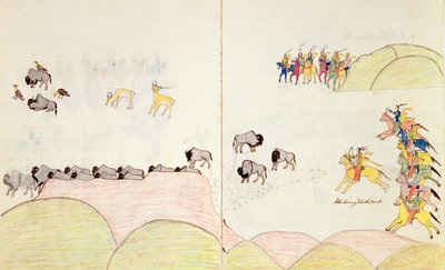 Native American Buffalo Hunt, fra en bog med skitser lavet i Fort Marion, St. Augustine, Florida, 1877 af Making Medicine