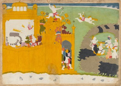Abelederen Angada stjæler Ravanas krone fra hans fæstning..., ca. 1725. af Manaku