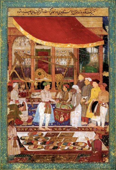 Kejser Jahangir vejer prins Khurram i guld, ca. 1610-1615 (miniature) af Manohar Manohar