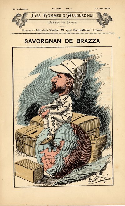 Forside til The People of Today, nummer 289, illustration af Manuel Luque (1854-1919): Colonization Colonialism Colonies - Explorer, Pierre Savorgnan de Brazza (1852-1905) - Jorden af Manuel Luque