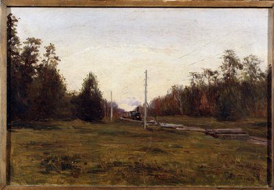 Landskab med et tog. Maleri af Manuil Christoforovitsj Aladzhalov (1862-1934). Olie på pap, 29,5 x 43,5 cm. Russisk kunst i begyndelsen af ​​det 20. århundrede. Regionalt kunstmuseum, Plyos. ©FineArtImage/Leemage af Manuil Christoforovich Aladzhalov