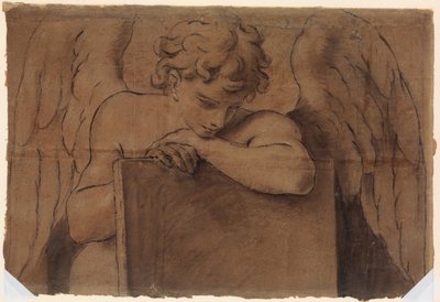 Tegneseriefragment til en engel, der læner sig op på en tablet eller en lukket bog, ca. 1690-95. af Marc Antonio Franceschini
