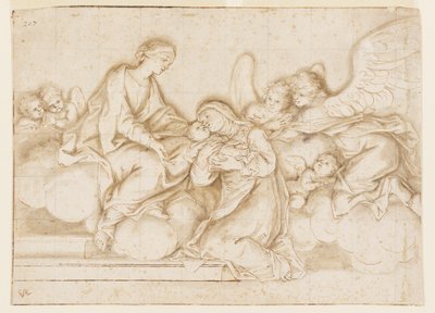 Design til et monokromt vægmaleri, Corpus Domini-kirken, Bologna, Italien, St. Caterina Vigri modtager babeen fra jomfruen af Marc Antonio Franceschini