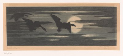 Tre ænder går forbi den nedgående sol af Marc Henry Meunier (attributed to)