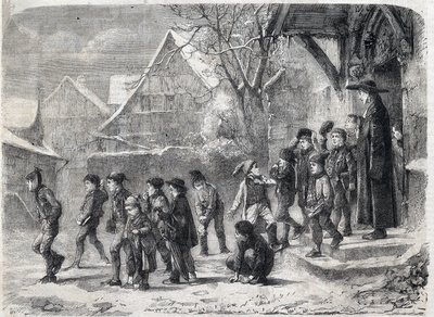 Ude af skolen om vinteren. Gravering efter et maleri af M. B. Vautier i "The Universe Illustrous" af Marc Louis Benjamin (after) Vautier