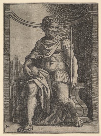 En romersk kejser, der sidder i en niche med en globus og scepter og kigger på sin..., ca. 1500-1534. af Marcantonio Raimondi