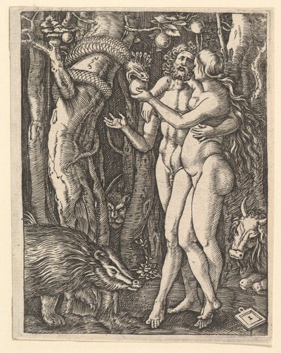 Adam og Eva med æble og slange, ca. 1500-1534. af Marcantonio Raimondi