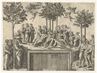 Apollo og muser på Mount Parnassus af Marcantonio Raimondi