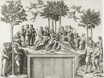 Apollon på Parnassus, omgivet af muserne og digterne af Marcantonio Raimondi