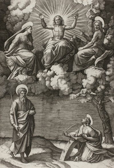 Kristus, Jomfruen og Johannes Døberen med de hellige Paul og Catherine af Marcantonio Raimondi