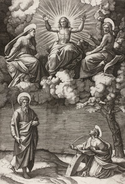 Kristus, Jomfruen og Johannes Døberen med de hellige Paulus og Katarina, 1520-25 af Marcantonio Raimondi