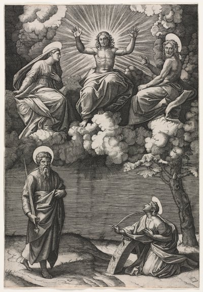 Kristus, Jomfruen og Johannes Døberen med de hellige Paulus og Katarina af Marcantonio Raimondi