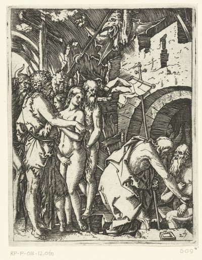 Kristus forlader helvede og befrier patriarker og profeter og andre Passion of Christ (serietitel) af Marcantonio Raimondi