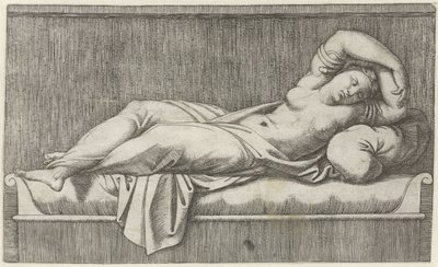 Cleopatra halvnøgen liggende på sengen af Marcantonio Raimondi