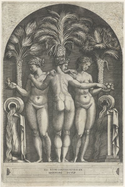 Three Graces stående i en niche foran tre palmer og flankeret af kander, hvorfra vand strømmer. af Marcantonio Raimondi